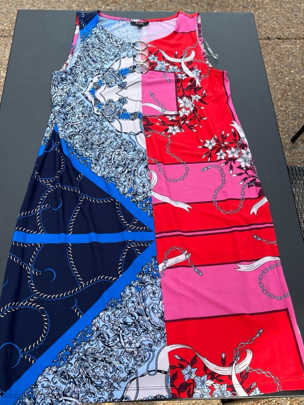 Sleeveless Pink & Blue Colorblock Chain Print Dress
